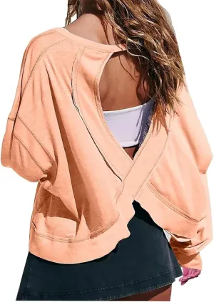 Womens Open Back Workout Top Long Sleeve Athletic Shirts Casual Crop Running Tee Yoga Hollow-Out Short Round Neck