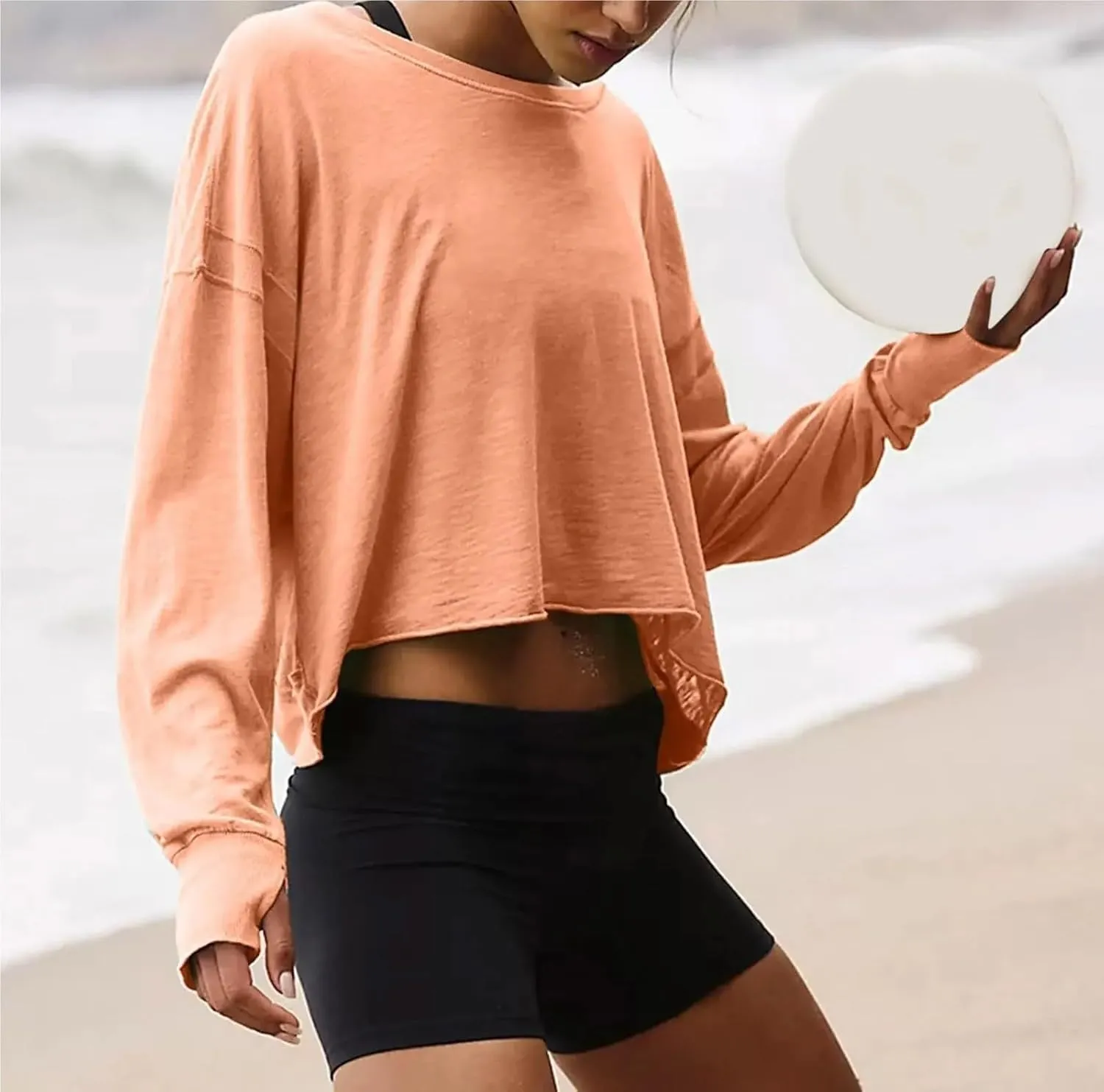 Womens Open Back Workout Top Long Sleeve Athletic Shirts Casual Crop Running Tee Yoga Hollow-Out Short Round Neck