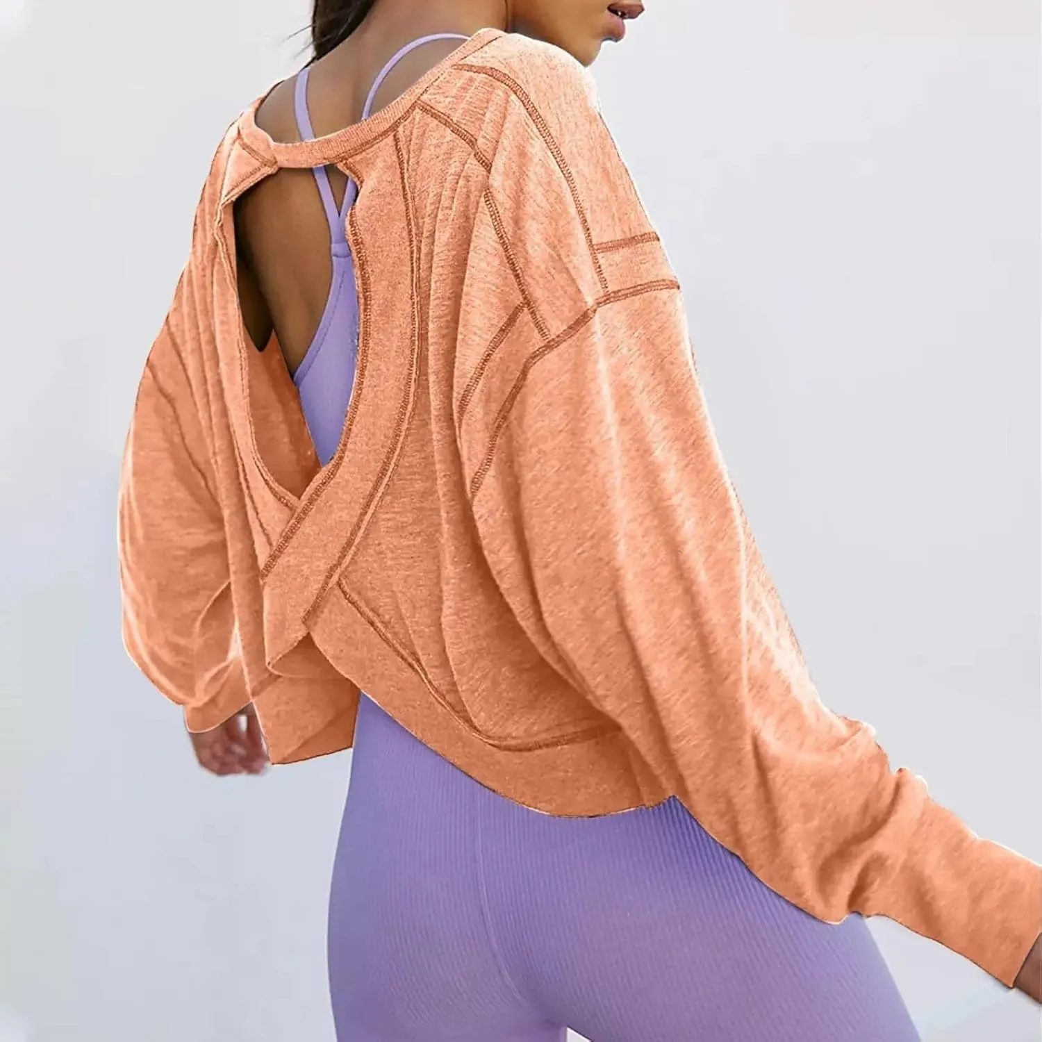 Womens Open Back Workout Top Long Sleeve Athletic Shirts Casual Crop Running Tee Yoga Hollow-Out Short Round Neck