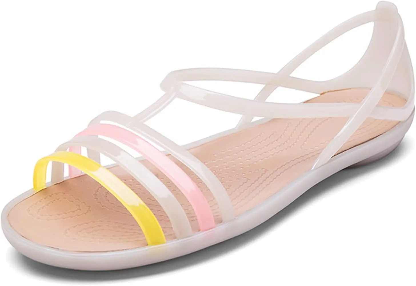 Women's Open Toe Colorful Neon Jelly Flat Sandals,Summer T-Strap Rainbow Gladiator Clear Rain Shoes Slip On Beach Casual Width Toe Sandals