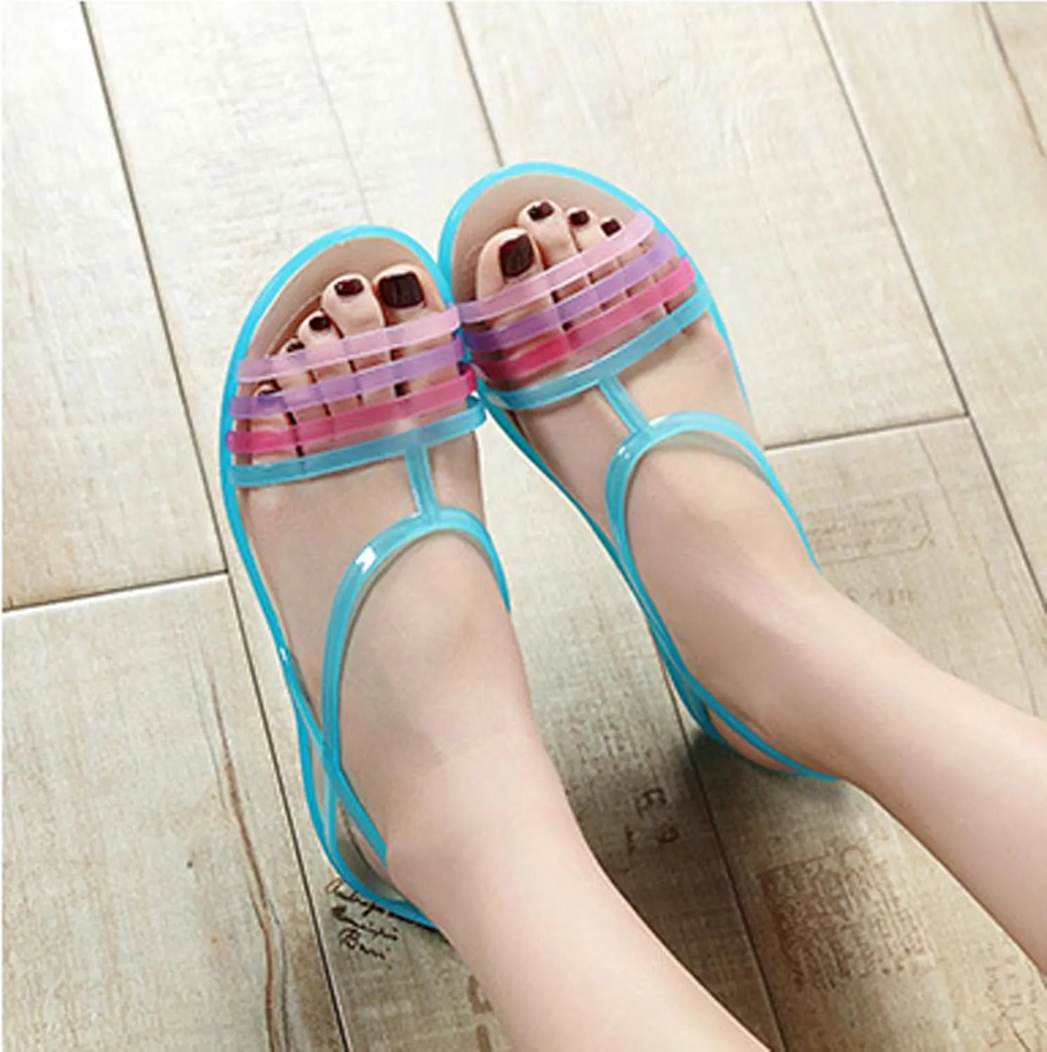 Women's Open Toe Colorful Neon Jelly Flat Sandals,Summer T-Strap Rainbow Gladiator Clear Rain Shoes Slip On Beach Casual Width Toe Sandals