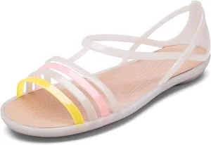 Women's Open Toe Colorful Neon Jelly Flat Sandals,Summer T-Strap Rainbow Gladiator Clear Rain Shoes Slip On Beach Casual Width Toe Sandals