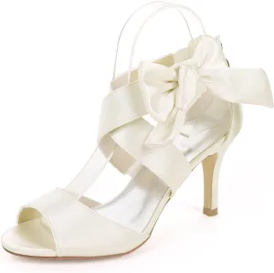 Women's Orange Bow Sandals Satin Dress Shoes Bridal Wedding Heels, Party Show Shoes