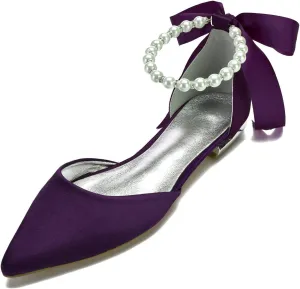 Women's Pearl Satin Wedding Shoes for Bride Flats Pointed Toe Comfortable Bridal Shoes Formal Prom Party Dress Pumps Sandals with Ankle Strap