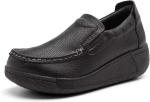Women's Platform Leather Loafer Dress Walking Slip-On Comfort Chunky Work Shoes