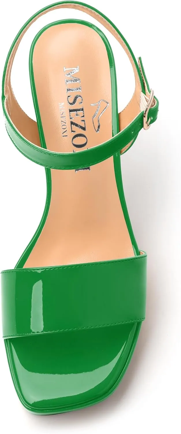 Womens Platform Sandals, Chunky High Heel Sqaure Teo Sandals, Open Toe Comfort Dress Sandals for Women, Ankle Strap Buckle Patent Sandals
