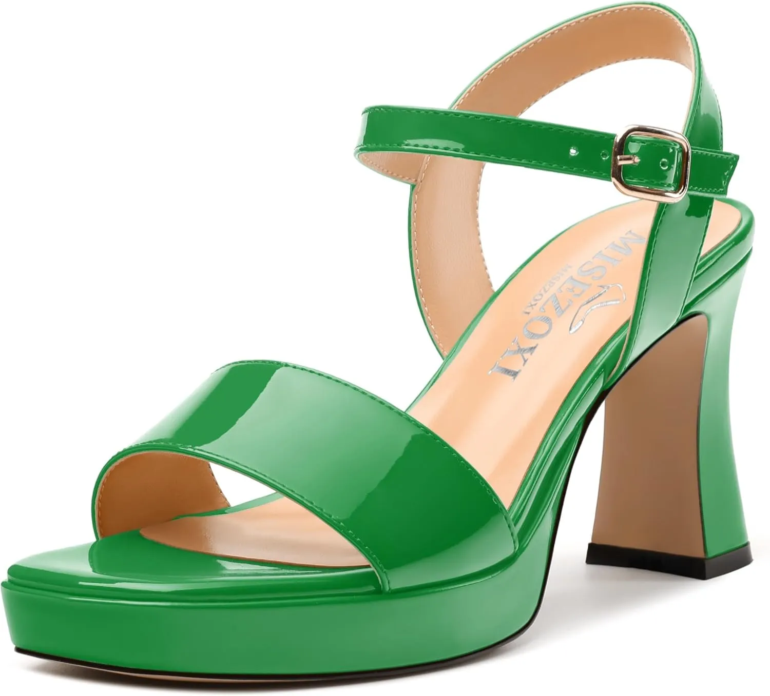 Womens Platform Sandals, Chunky High Heel Sqaure Teo Sandals, Open Toe Comfort Dress Sandals for Women, Ankle Strap Buckle Patent Sandals