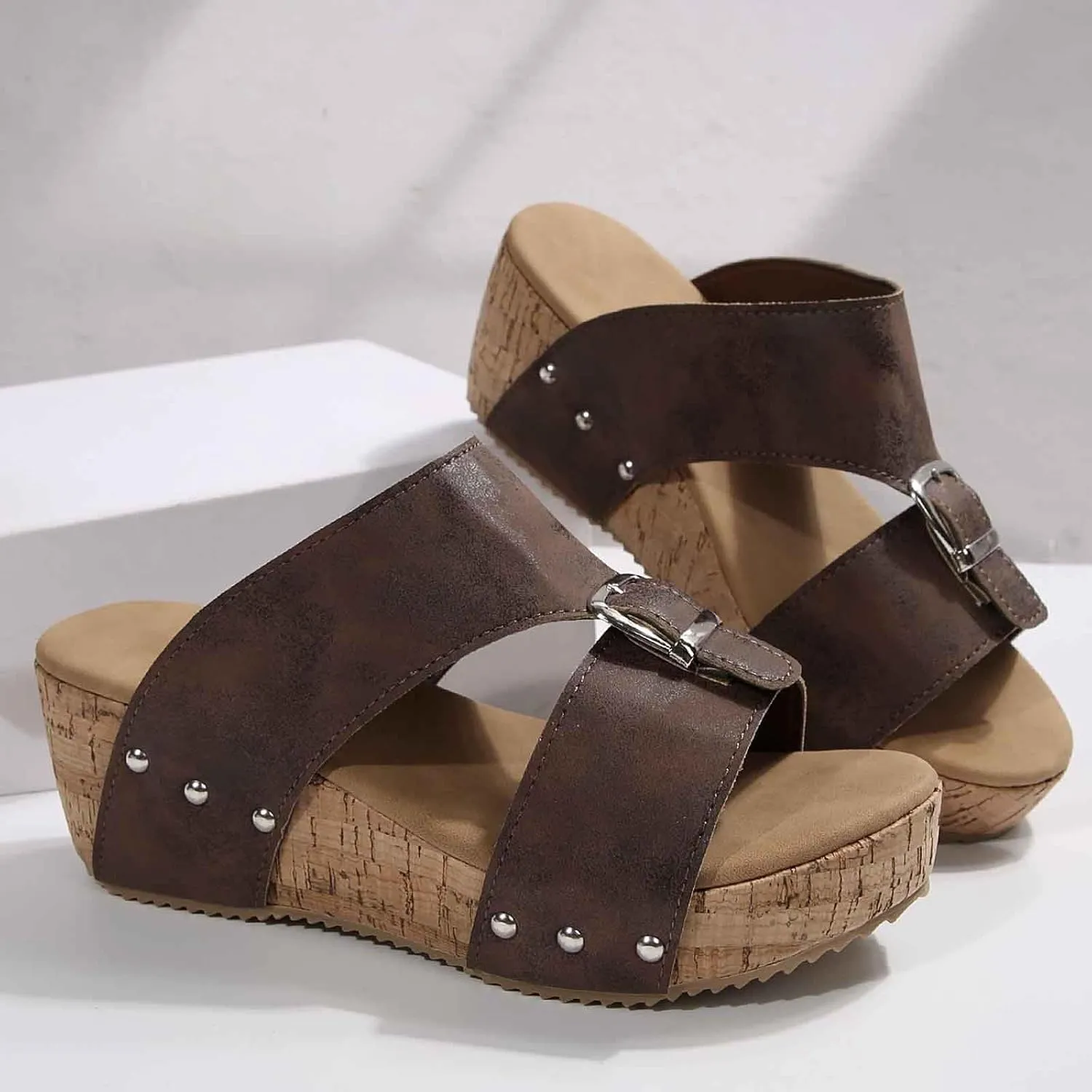 Women's Platform Wedge Sandals Open Toe Slippers Casual Summer Shoes with Buckle Strap Comfortable Cork Sole for