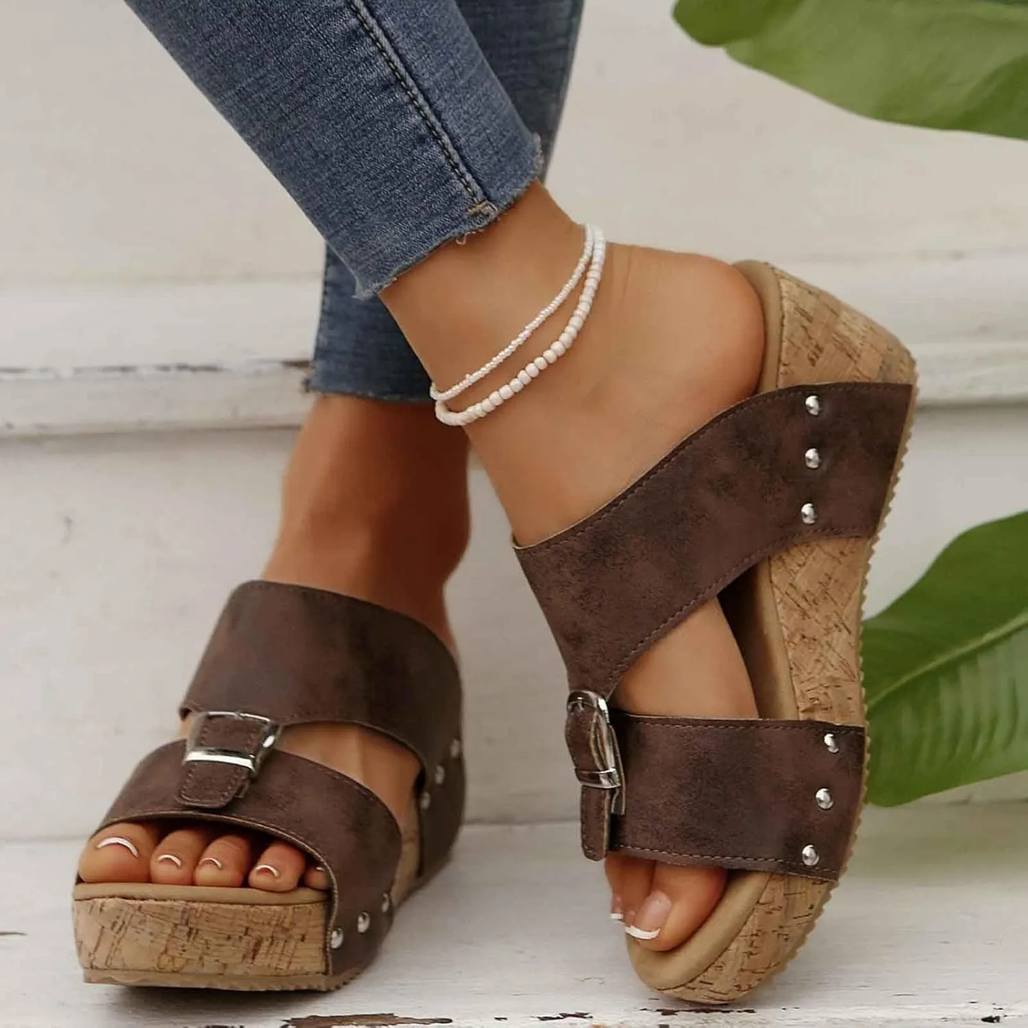Women's Platform Wedge Sandals Open Toe Slippers Casual Summer Shoes with Buckle Strap Comfortable Cork Sole for
