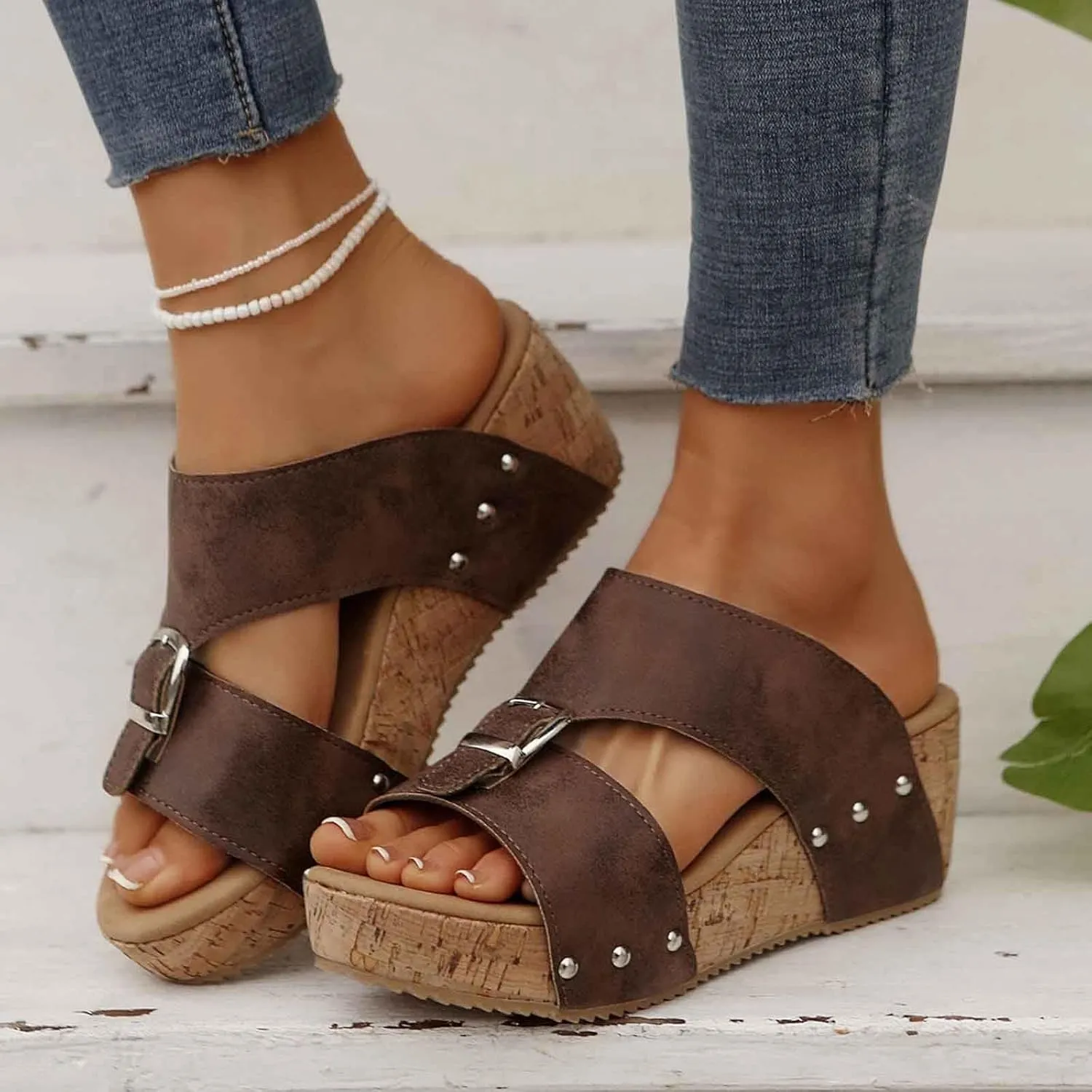 Women's Platform Wedge Sandals Open Toe Slippers Casual Summer Shoes with Buckle Strap Comfortable Cork Sole for