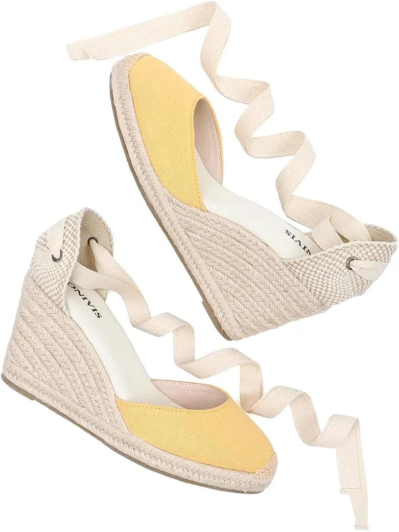 Women’s Platform Wedges Espadrilles, 3" Wedge, Soft Ankle-Tie Strap, Closed Toe, Classic Summer Sandals