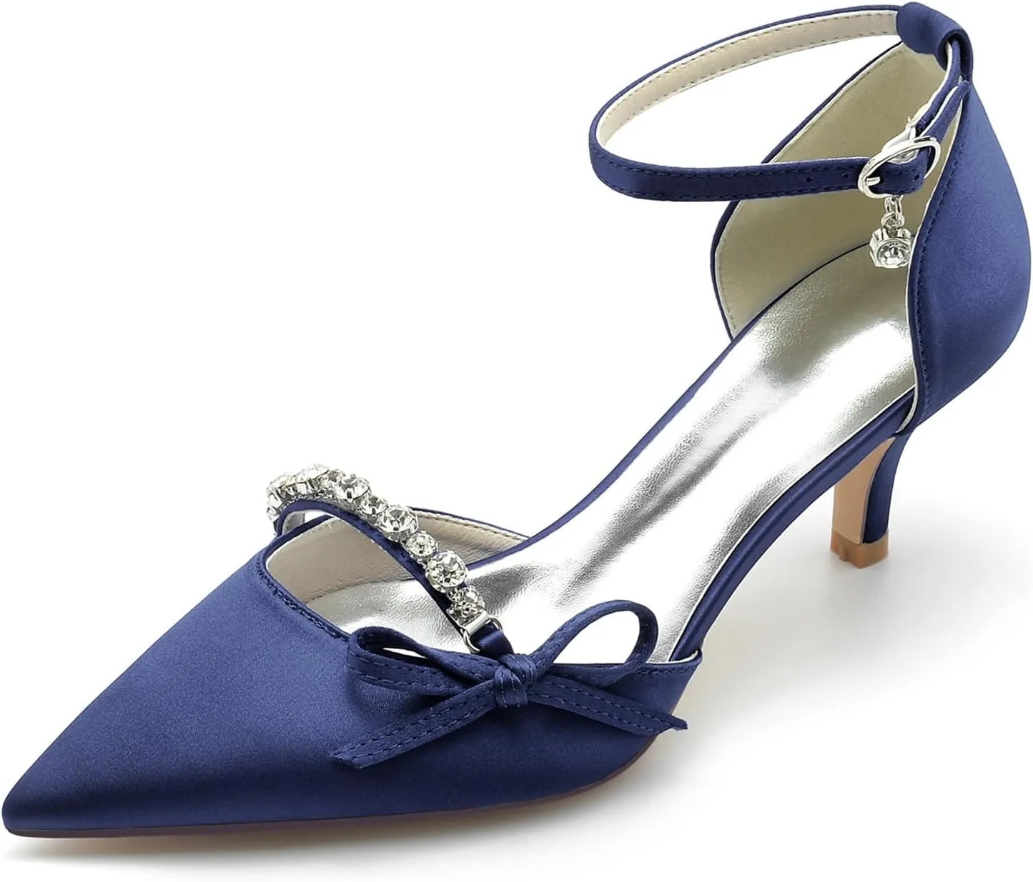 Womens Pointed Toe Ankle Strap Court Shoes with Rhinestone Dress Pumps Mid Kitten Heel Satin Wedding Shoes for Bridal