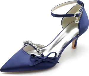 Womens Pointed Toe Ankle Strap Court Shoes with Rhinestone Dress Pumps Mid Kitten Heel Satin Wedding Shoes for Bridal
