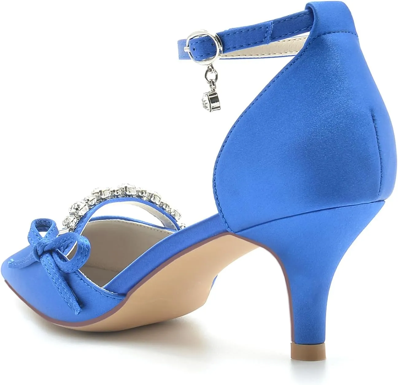 Womens Pointed Toe Ankle Strap Court Shoes with Rhinestone Dress Pumps Mid Kitten Heel Satin Wedding Shoes for Bridal