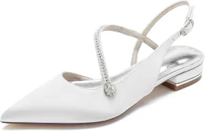 Women's Pointed Toe Beaded Satin Wedding Flats for Bride Comfortable White Bridal Shoes with Ankle Strap Prom Party Shoes Pumps