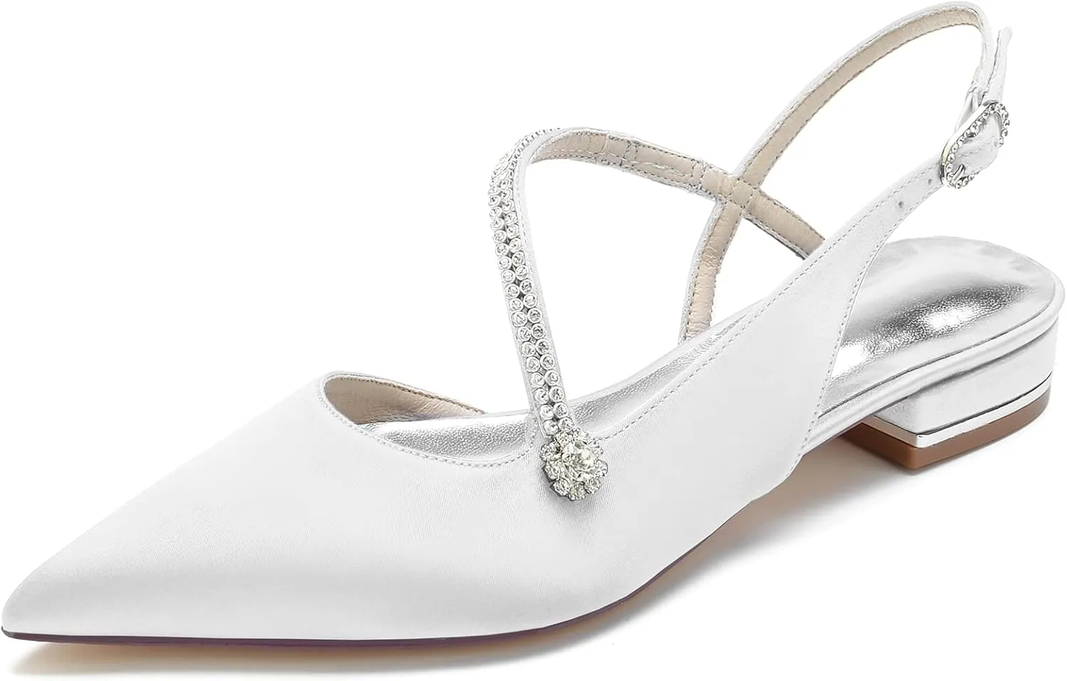 Women's Pointed Toe Beaded Satin Wedding Flats for Bride Comfortable White Bridal Shoes with Ankle Strap Prom Party Shoes Pumps