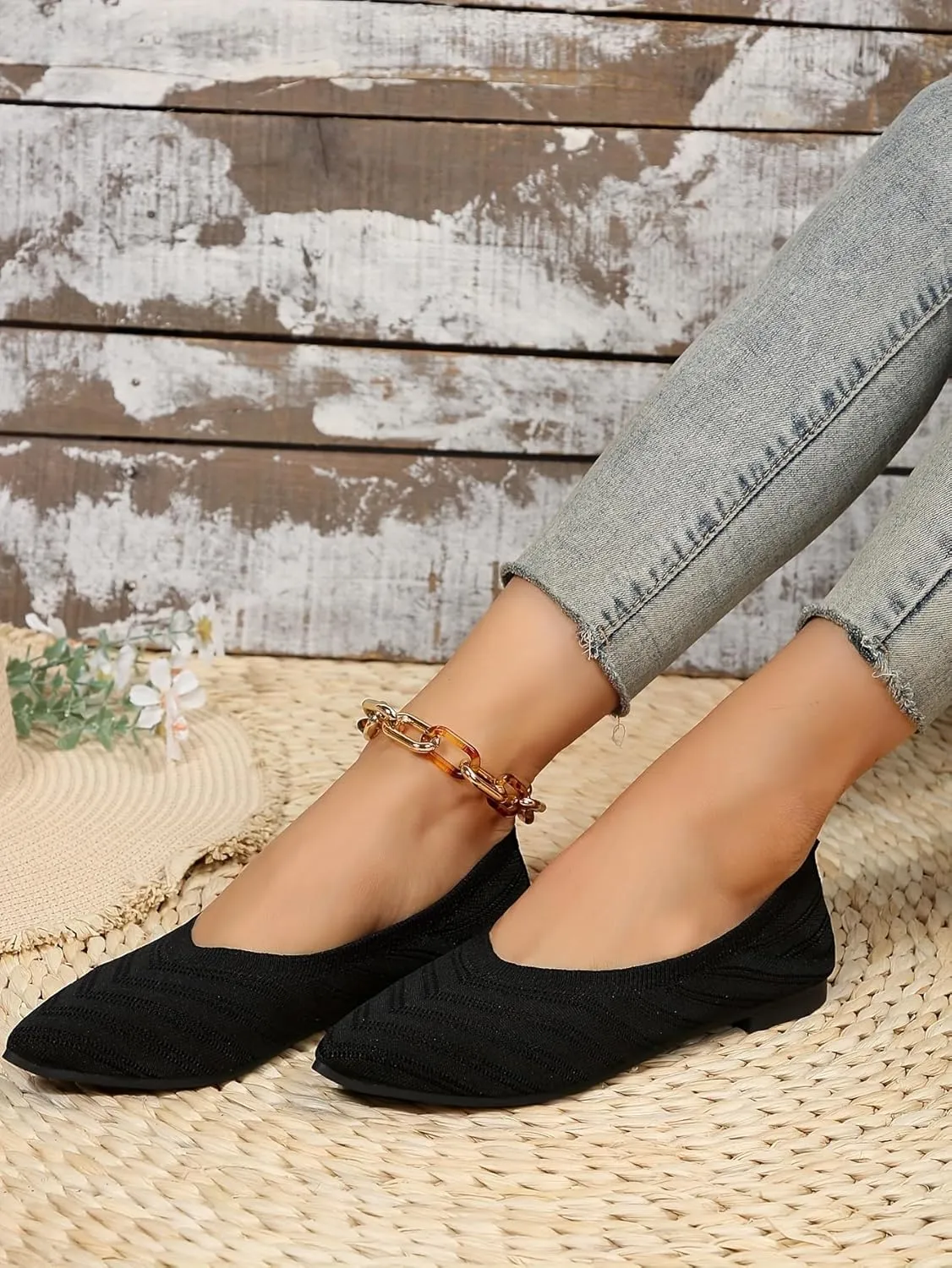 Women's Pointed Toe Flat Shoes, Solid Color Knitted Slip On Shoes, Casual Breathable Flats