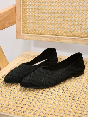 Women's Pointed Toe Flat Shoes, Solid Color Knitted Slip On Shoes, Casual Breathable Flats