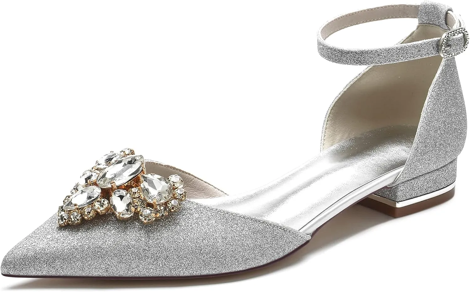 Women's Pointed Toe Glitter Wedding Flats for Bride Comfortable Wedding Shoes Low Heels Rhinestones Bridal Flats Evening Prom Party Dress Shoes Pumps