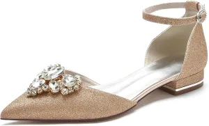 Women's Pointed Toe Glitter Wedding Flats for Bride Comfortable Wedding Shoes Low Heels Rhinestones Bridal Flats Evening Prom Party Dress Shoes Pumps
