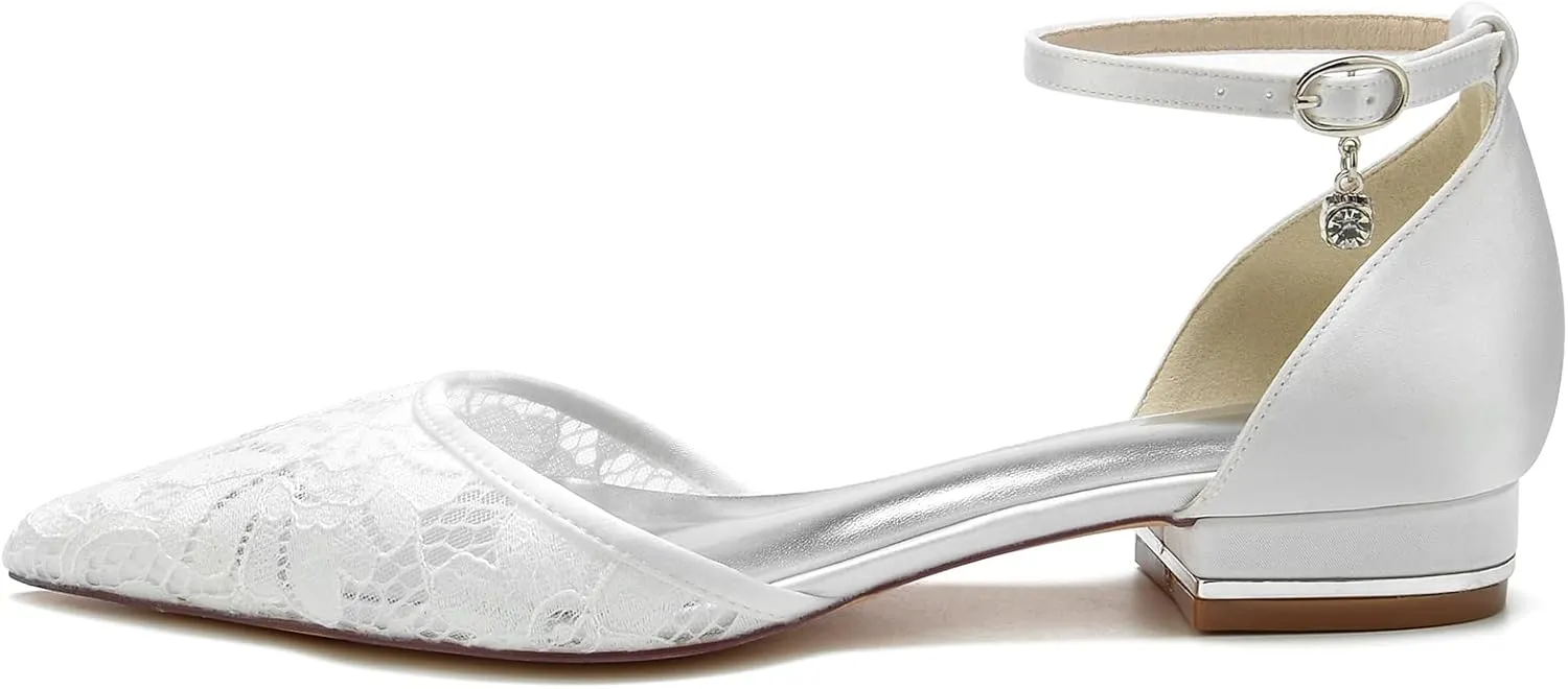 Women's Pointed Toe Lace Wedding Flats for Bride Flats Pointed Toe Flat Bridal Shoes Women Evening Dress Shoes