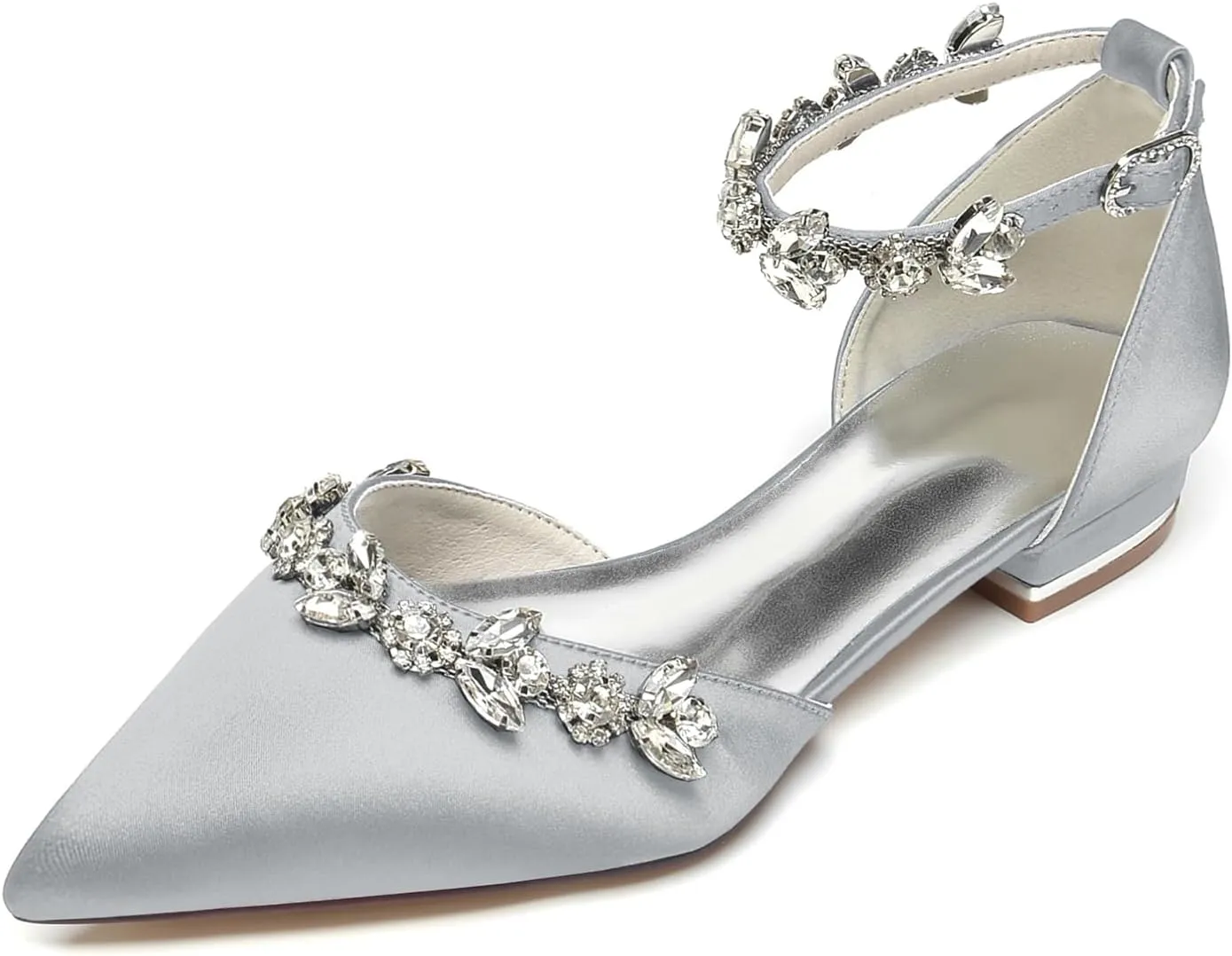Women's Pointed Toe Satin Wedding Flats for Bride Comfortable Rhinestones Bridal Shoes Evening Prom Party Dress Shoes Pumps 18448-46M