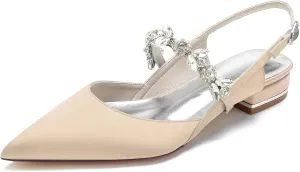 Women's Pointed Toe Satin Wedding Flats for Bride Comfortable Rhinestones Bridal Shoes Formal Closed Toe Slingback Flats Ballet Flats Champagne Size 7