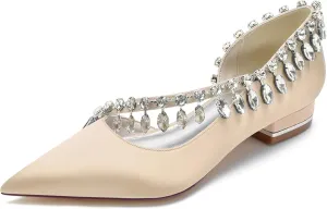 Women's Pointed Toe Satin Wedding Flats for Bride Slip-on Rhinestones Ballet Flats Prom Evening Party Dress Sandals