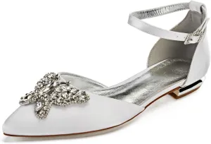 Women's Pointed Toe Wedding Flats for Bride Buckle Satin Wedding Bridal Shoes Formal Prom Party Dress Pumps