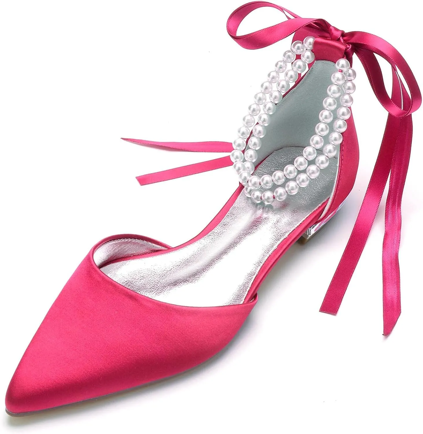 Women's Pointed Toe Wedding Flats for Bride Pearl Ankle Strap Satin Bridal Shoes Formal Prom Party Dress Pumps