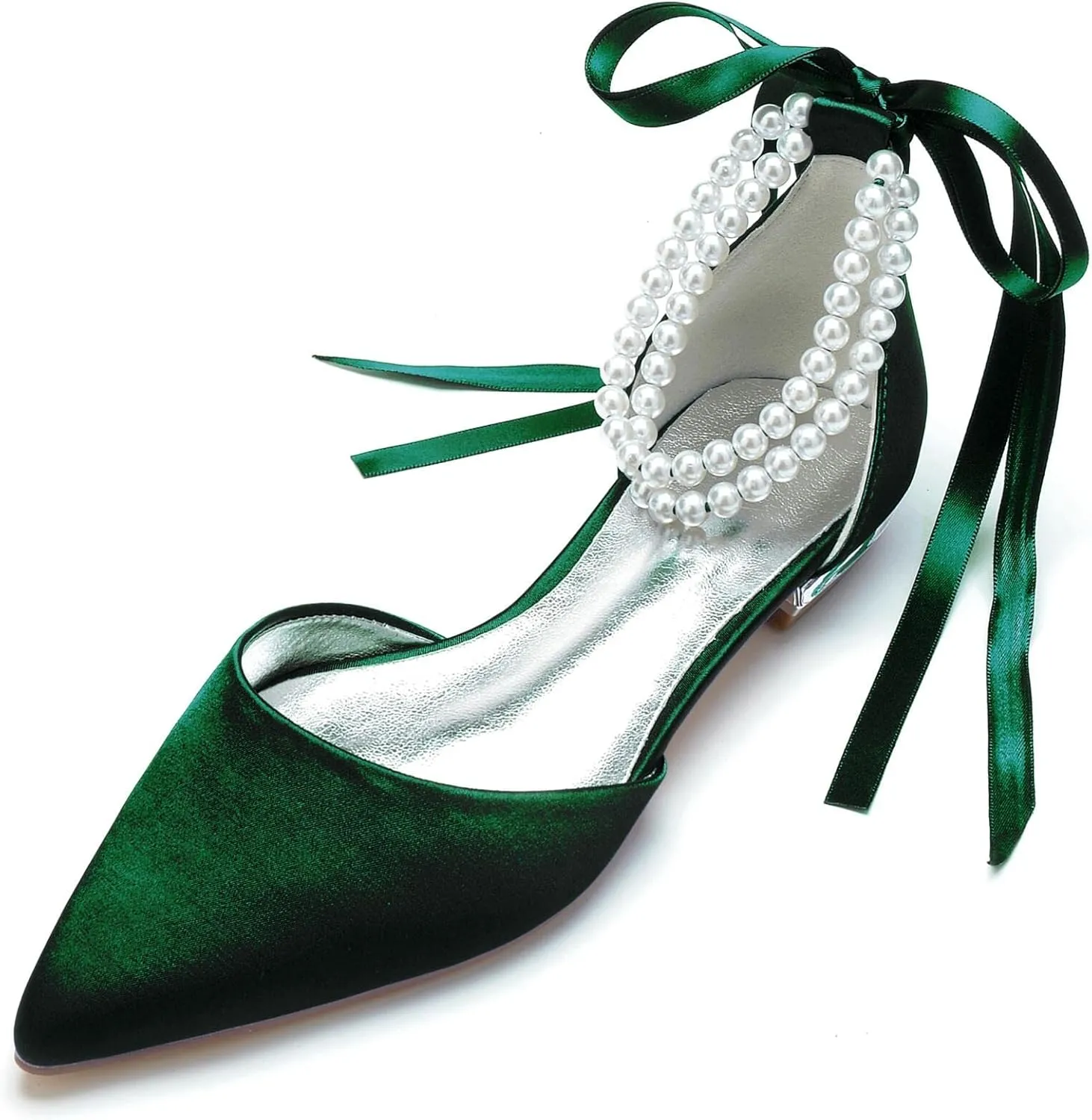 Women's Pointed Toe Wedding Flats for Bride Pearl Ankle Strap Satin Bridal Shoes Formal Prom Party Dress Pumps