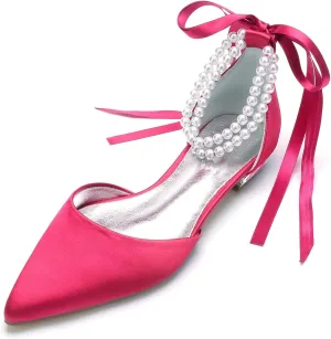 Women's Pointed Toe Wedding Flats for Bride Pearl Ankle Strap Satin Bridal Shoes Formal Prom Party Dress Pumps