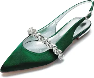 Women's Pointed Toe Wedding Shoes for Women Bridal Flats for Women Rhinestone Slingback Satin Bridal Shoes Dressy Flats