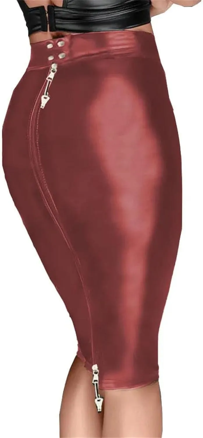 Women’s PU Leather Hobble Skirt Lockable Sheath Knee-Length Winter Gothic Slim