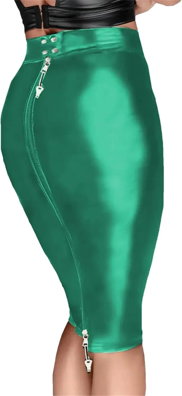 Women’s PU Leather Hobble Skirt Lockable Sheath Knee-Length Winter Gothic Slim