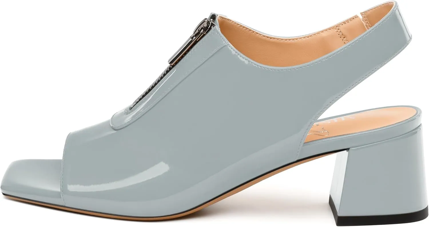 Womens Pumps, Square Peep Toe Mid Block Heel Slingback Pumps for Women, Open Toe Backless Pumps with Front Zipper 2