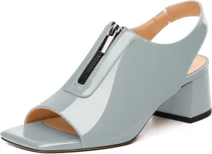 Womens Pumps, Square Peep Toe Mid Block Heel Slingback Pumps for Women, Open Toe Backless Pumps with Front Zipper 2