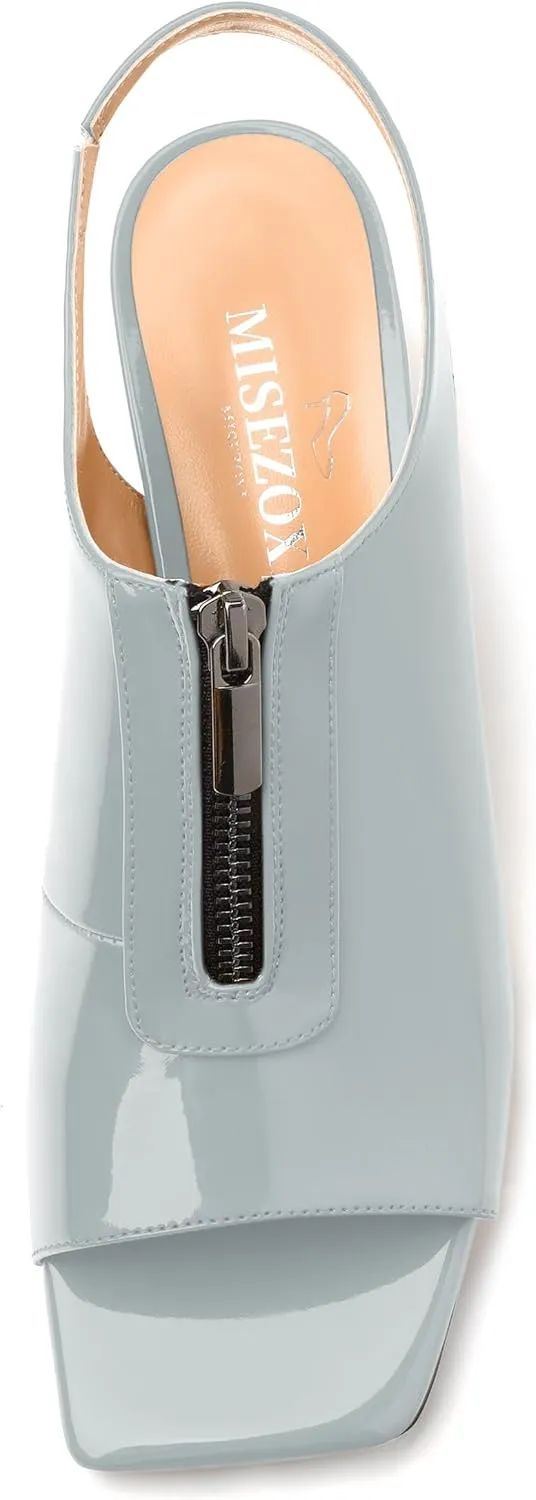 Womens Pumps, Square Peep Toe Mid Block Heel Slingback Pumps for Women, Open Toe Backless Pumps with Front Zipper 2