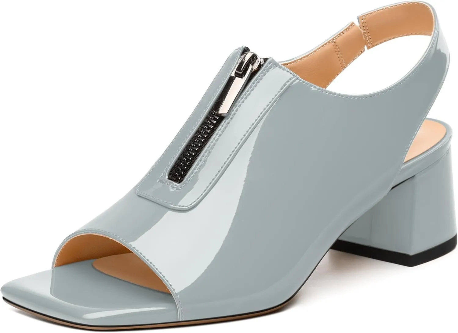 Womens Pumps, Square Peep Toe Mid Block Heel Slingback Pumps for Women, Open Toe Backless Pumps with Front Zipper 2