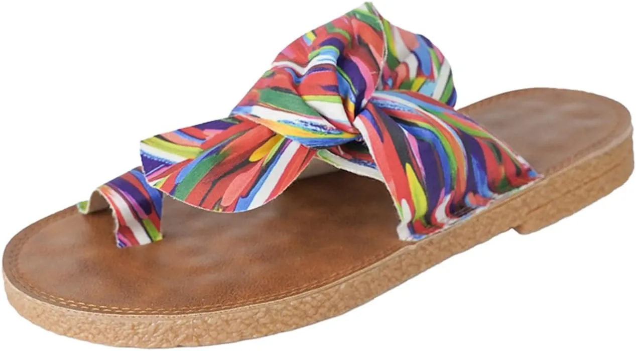 Womens Rainbow Bow Tie Open Toe Flat Beach Sandals Summer Vacation Slip-on Thong Slides Casual Multicolored Striped Shoes