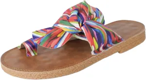 Womens Rainbow Bow Tie Open Toe Flat Beach Sandals Summer Vacation Slip-on Thong Slides Casual Multicolored Striped Shoes