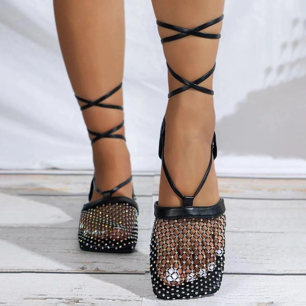 Women's Rhinestone Ballet Flats Lace up Mesh Square Toe Ankle Wrap Glitter Party Sandals Fishnet Hollow Flat Shoes