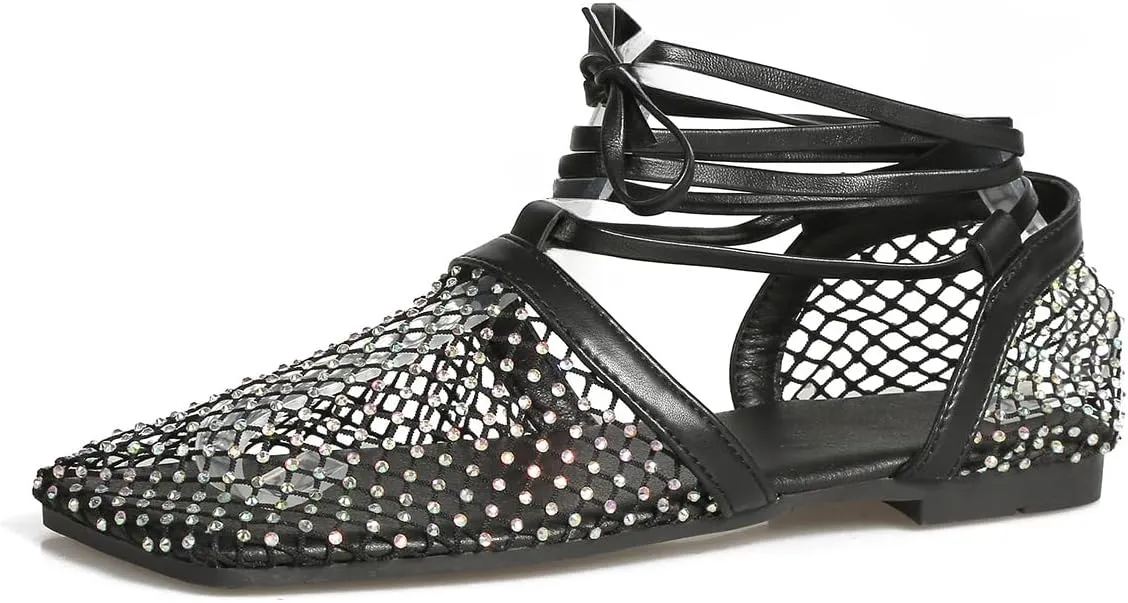 Women's Rhinestone Ballet Flats Lace up Mesh Square Toe Ankle Wrap Glitter Party Sandals Fishnet Hollow Flat Shoes