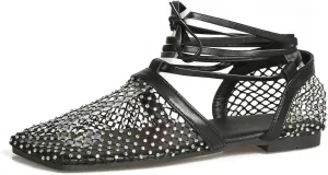 Women's Rhinestone Ballet Flats Lace up Mesh Square Toe Ankle Wrap Glitter Party Sandals Fishnet Hollow Flat Shoes