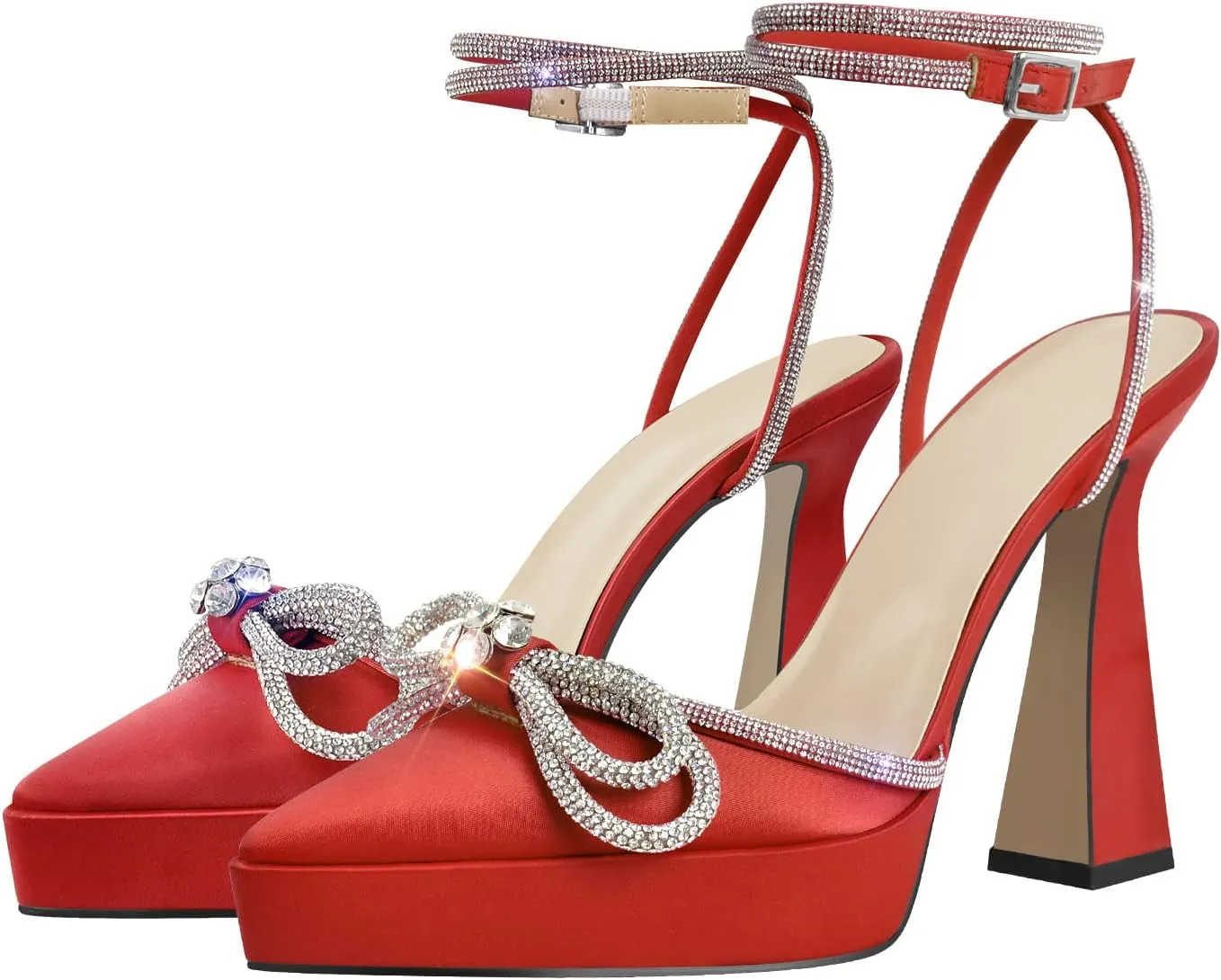 Women's Rhinestone Chunky Heel Platform Sandals Glitter Bowknots Pointed Toe Ankle Strap Stiletto Satin Pumps