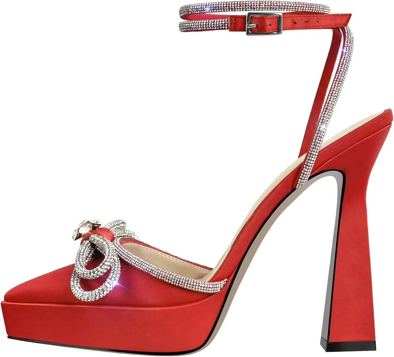 Women's Rhinestone Chunky Heel Platform Sandals Glitter Bowknots Pointed Toe Ankle Strap Stiletto Satin Pumps
