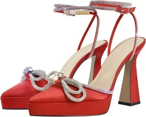 Women's Rhinestone Chunky Heel Platform Sandals Glitter Bowknots Pointed Toe Ankle Strap Stiletto Satin Pumps