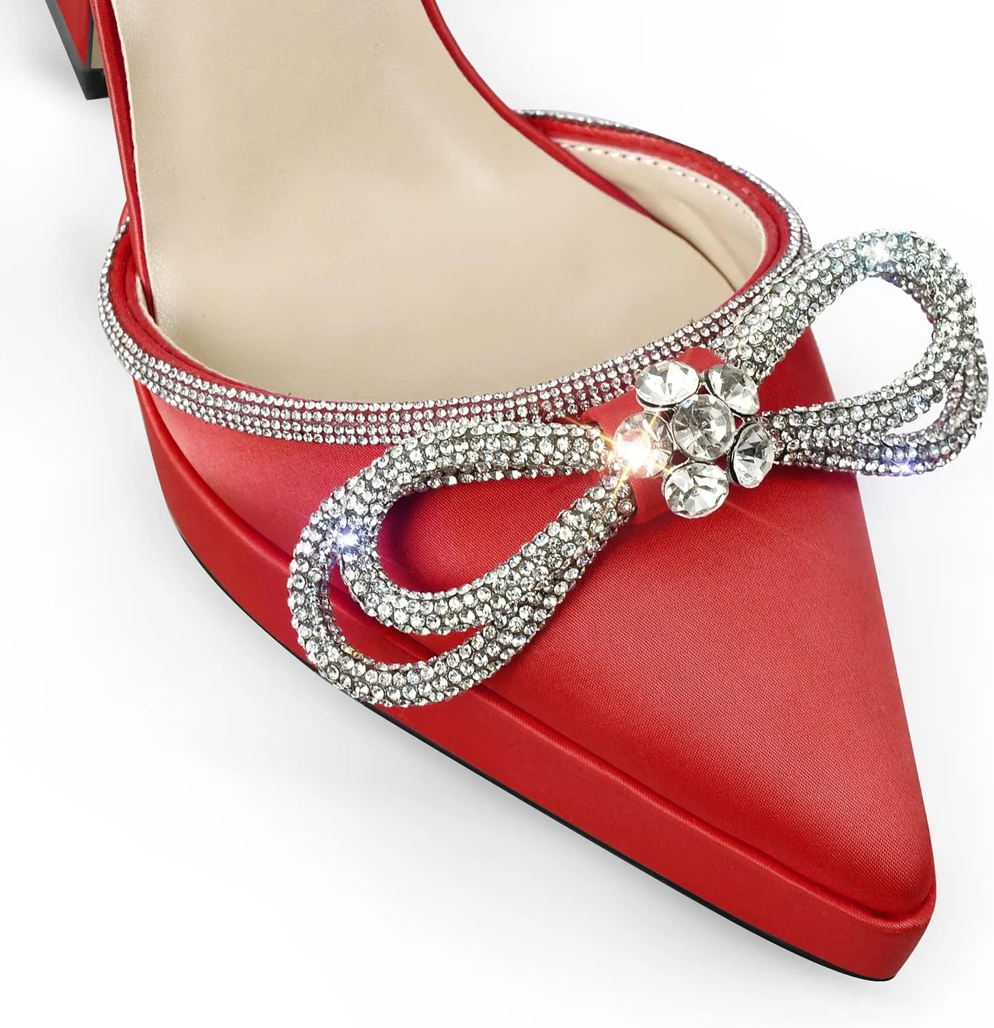 Women's Rhinestone Chunky Heel Platform Sandals Glitter Bowknots Pointed Toe Ankle Strap Stiletto Satin Pumps