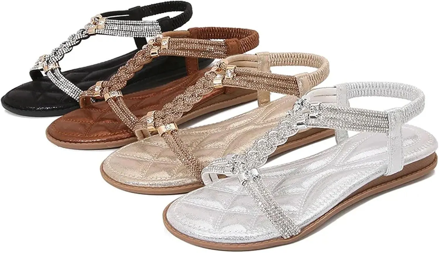 Women's Rhinestone Gladiator Sandals Flat Wedding Sandals Casual Beach Shoes