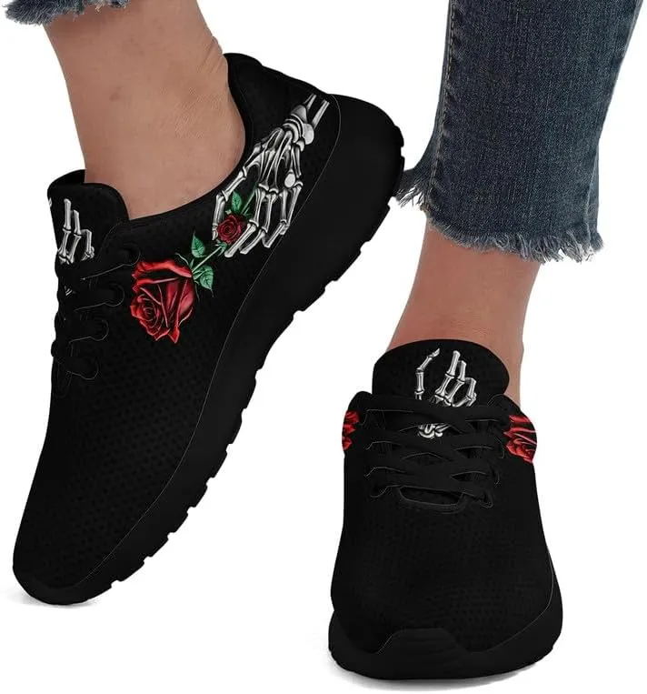 Women's Running Shoes with Unique Skull Rose Print, Non Slip Athletic Gym Training Walking Sneakers for Men